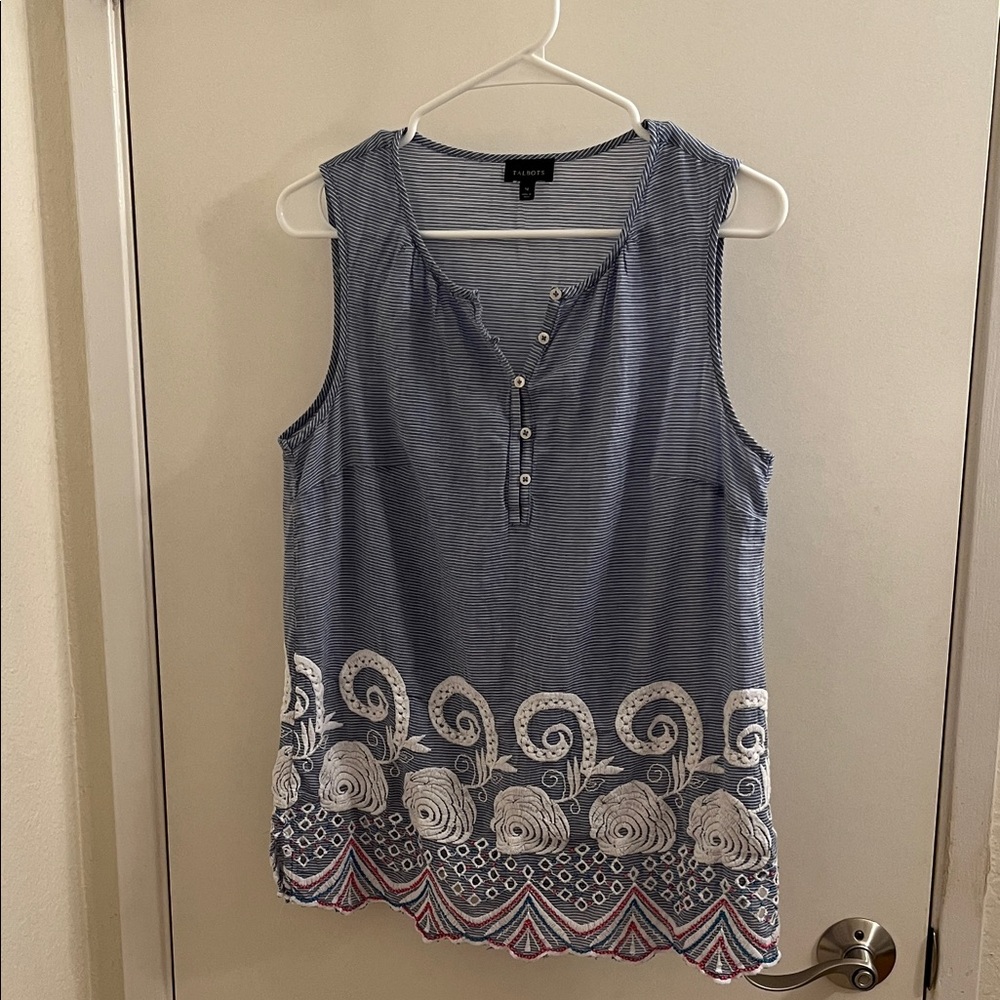 Talbots Blue White Sleeveless tank with Embroidered/Beaded Detail